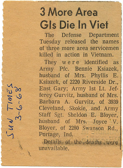Vietnam War Death Notice Chicago Sun Times 1968