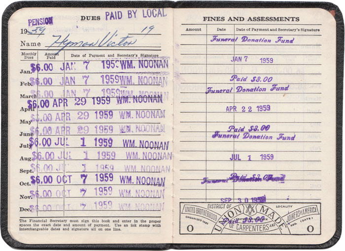 Dues Book for United Brotherhood of Carpenters